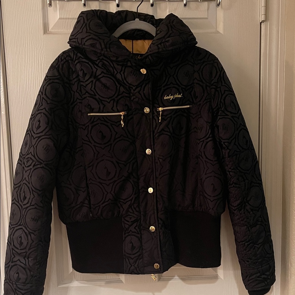 Baby Phat Black Quilted Puffer Jacket with Gold Accents
